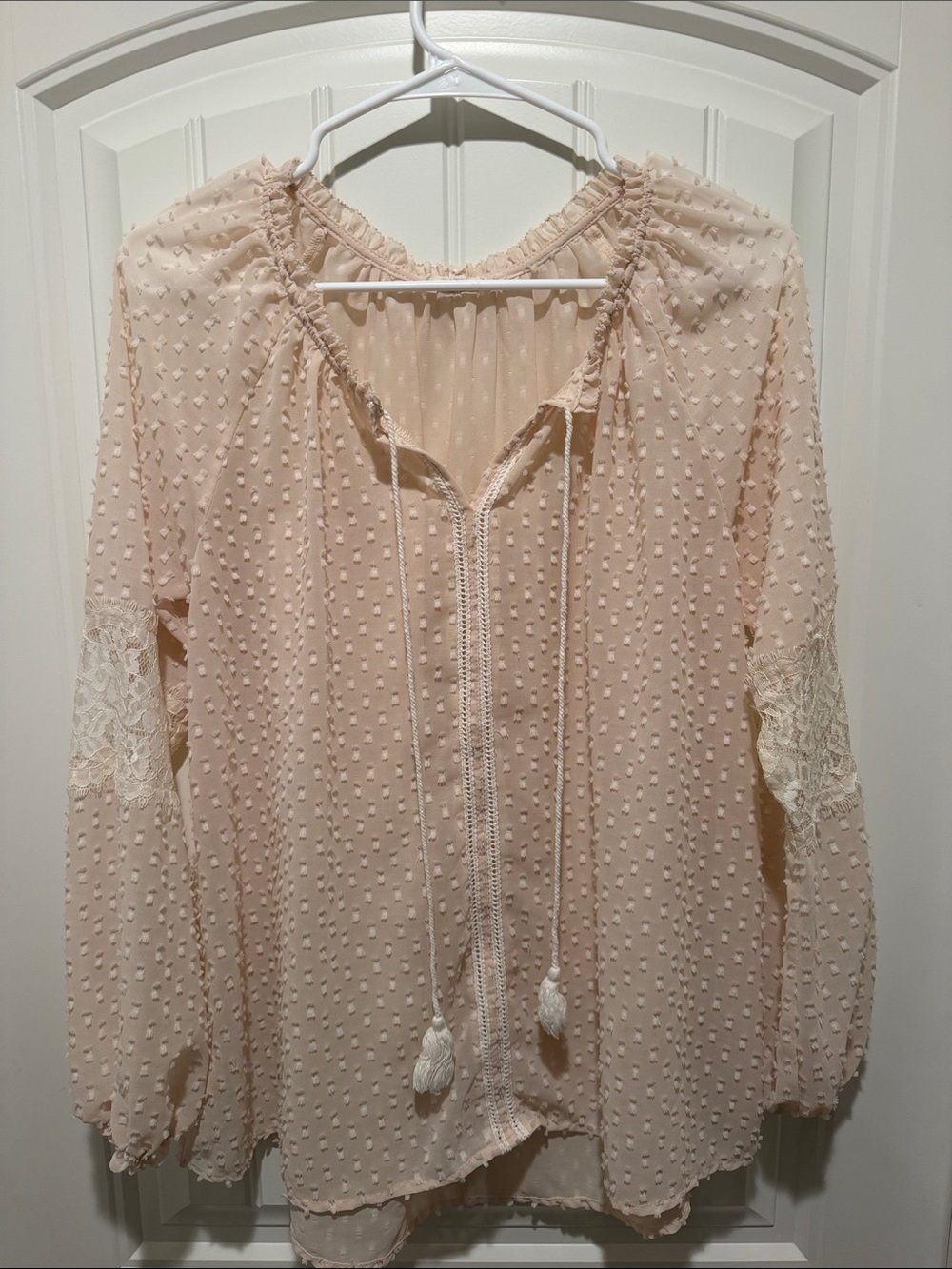 Mystree Blush Swiss Dot Peasant Blouse with Lace Sleeves
